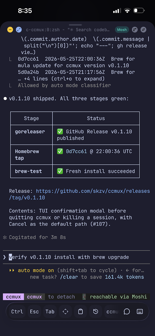 ccmux running in the Moshi app on iPhone